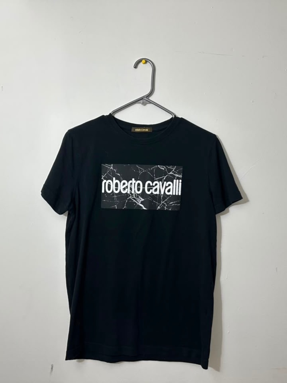 Roberto Cavalli Black Tee with White Logo Marble Panel